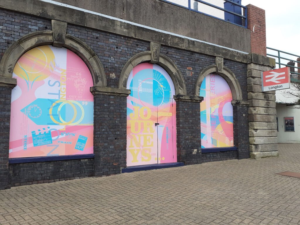 Bright, colourful murals are painted within the arch shapes at Longton Station