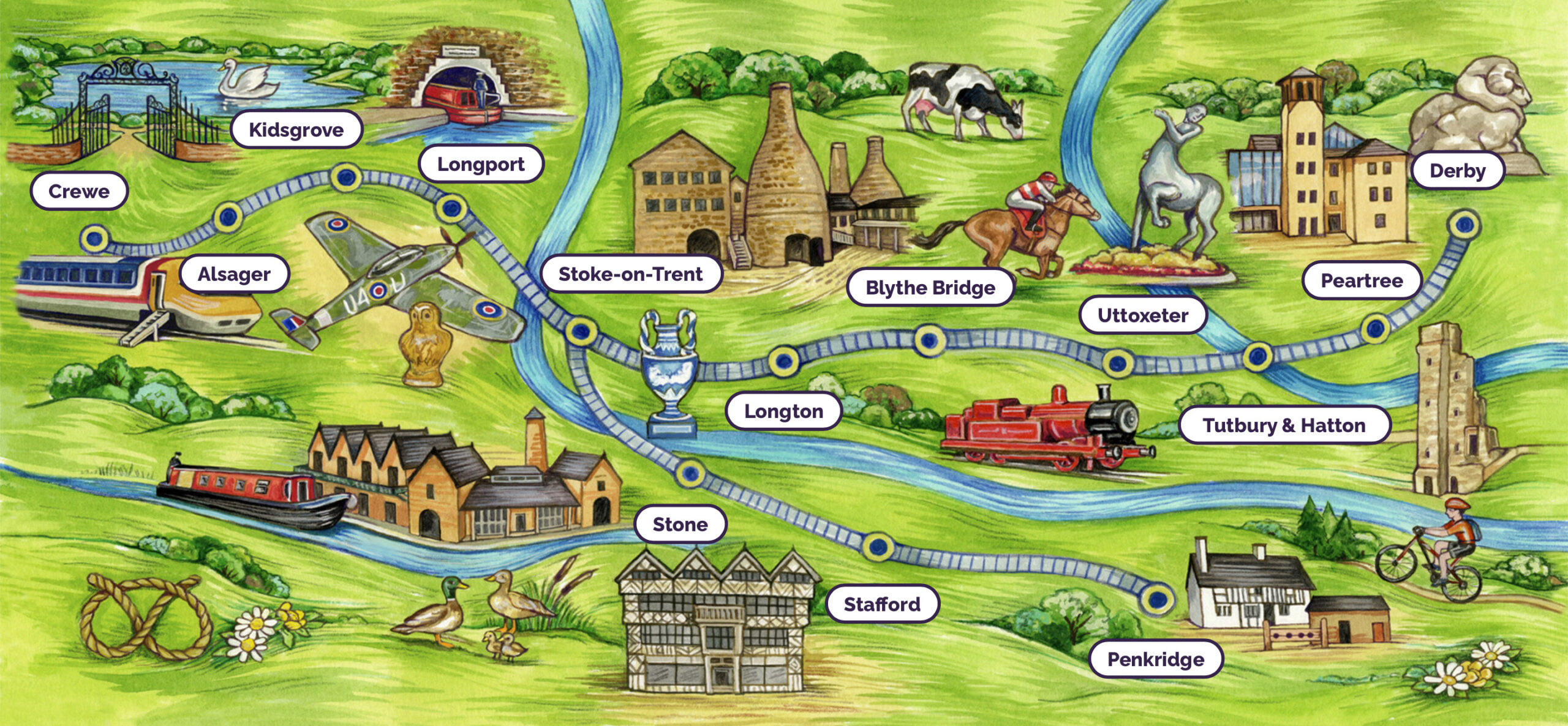 An illustration showing all the stations along routes covered by NSCRP, with station names overlaid.