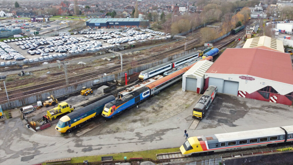 Crewe Heritage as seen from the air - with multiple tracks and train carriages from across the years.