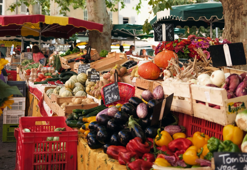 Fresh fruit and vegetables laid our for sale at a market