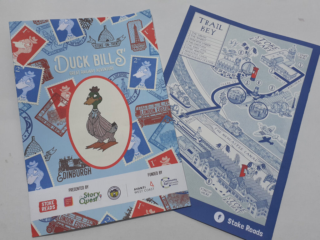 Picture of a print of the Duck Bills Trail book that is spread through the libraries in Stoke-on-Trent, and available from Stoke-on-Trent railway station. Join Duck Bills for a great railway adventure!