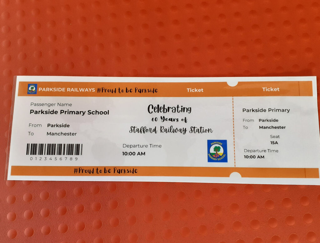 Picture of an entrance ticket from the event held at Parkside Primary School to mark the 60th anniversary of the rebuild of Stafford Station.