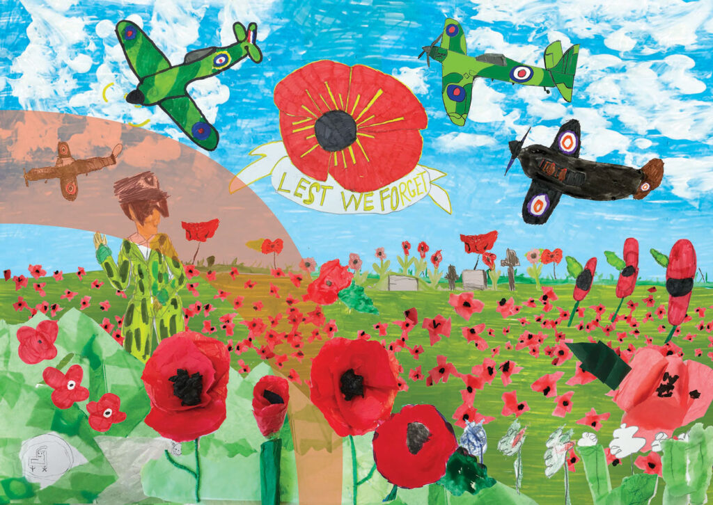 Remembrance artwork at Peartree Station, featuring spitfire aircraft flying over a field of poppies.