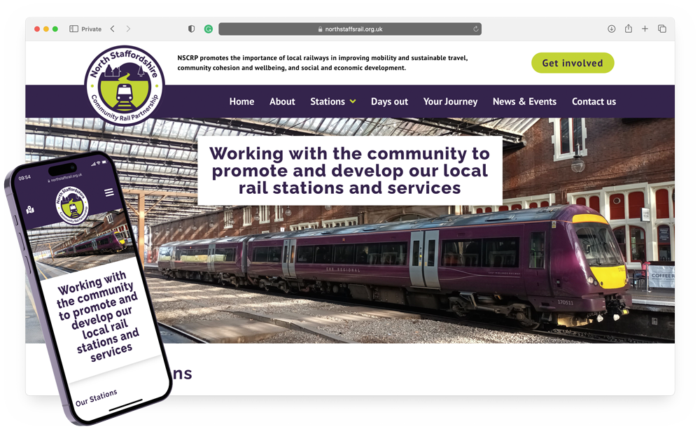 The new North Staffordshire Community Rail Partnership (NSCRP) website, developed by Ethical Pixels, displayed on a web browser and an iPhone.