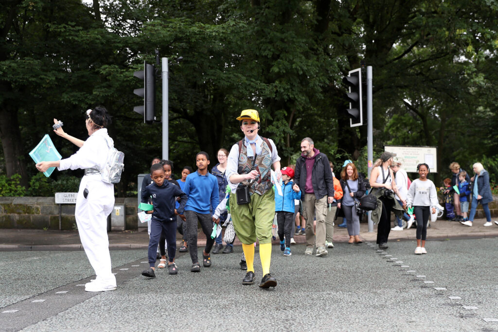 A group of children enjoying the Duck Bills guided walk