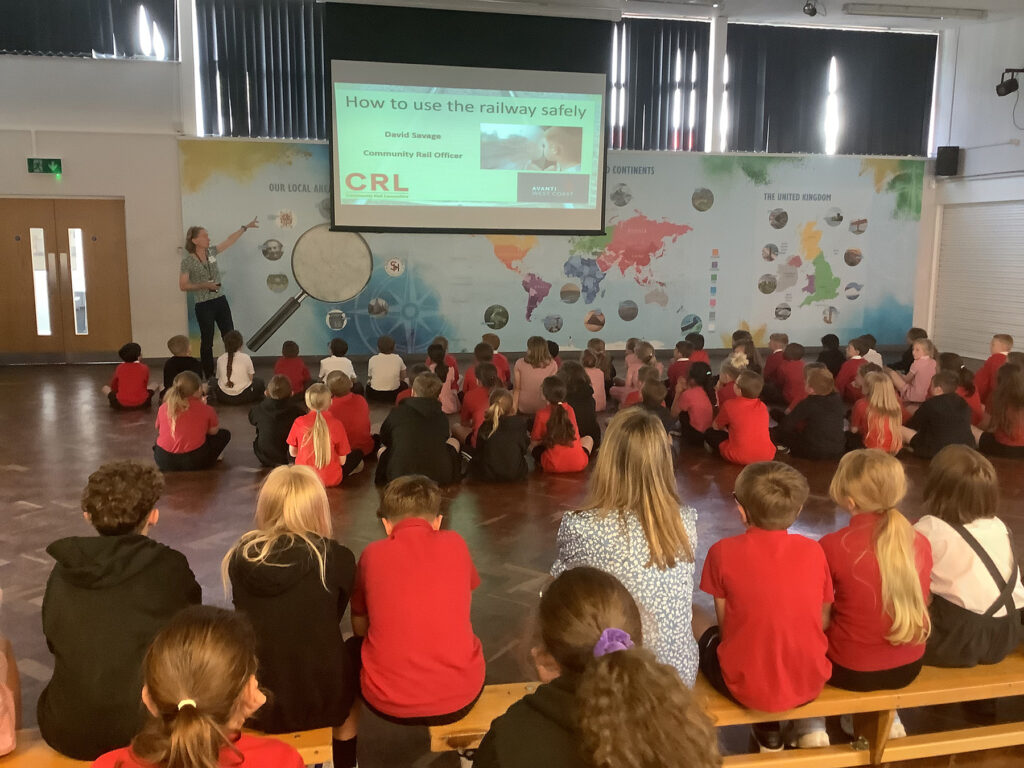 Claire delivers rail safety talk at Sandford Hill Primary School