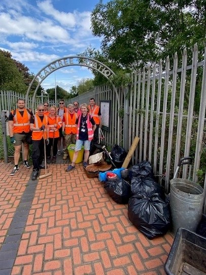 A group of volunteers after a good days work at Peartree Station